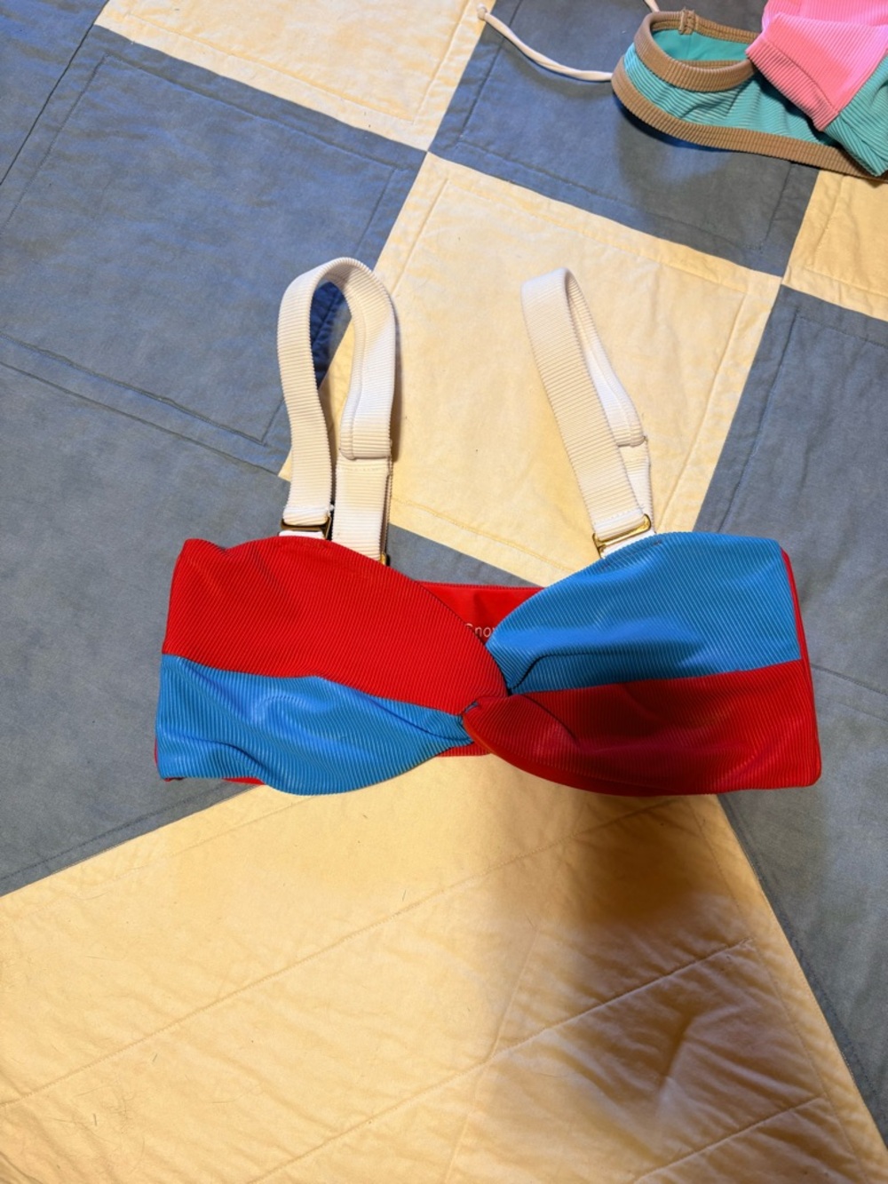 LainSnow Red & Blue Twist Front Ribbed Bikini Top